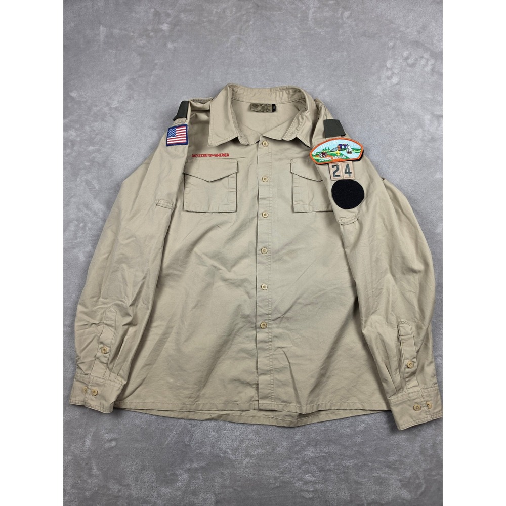 Boy Scouts of America Uniform Mens Large Tan Long Sleeve Patched BSA Delmarva